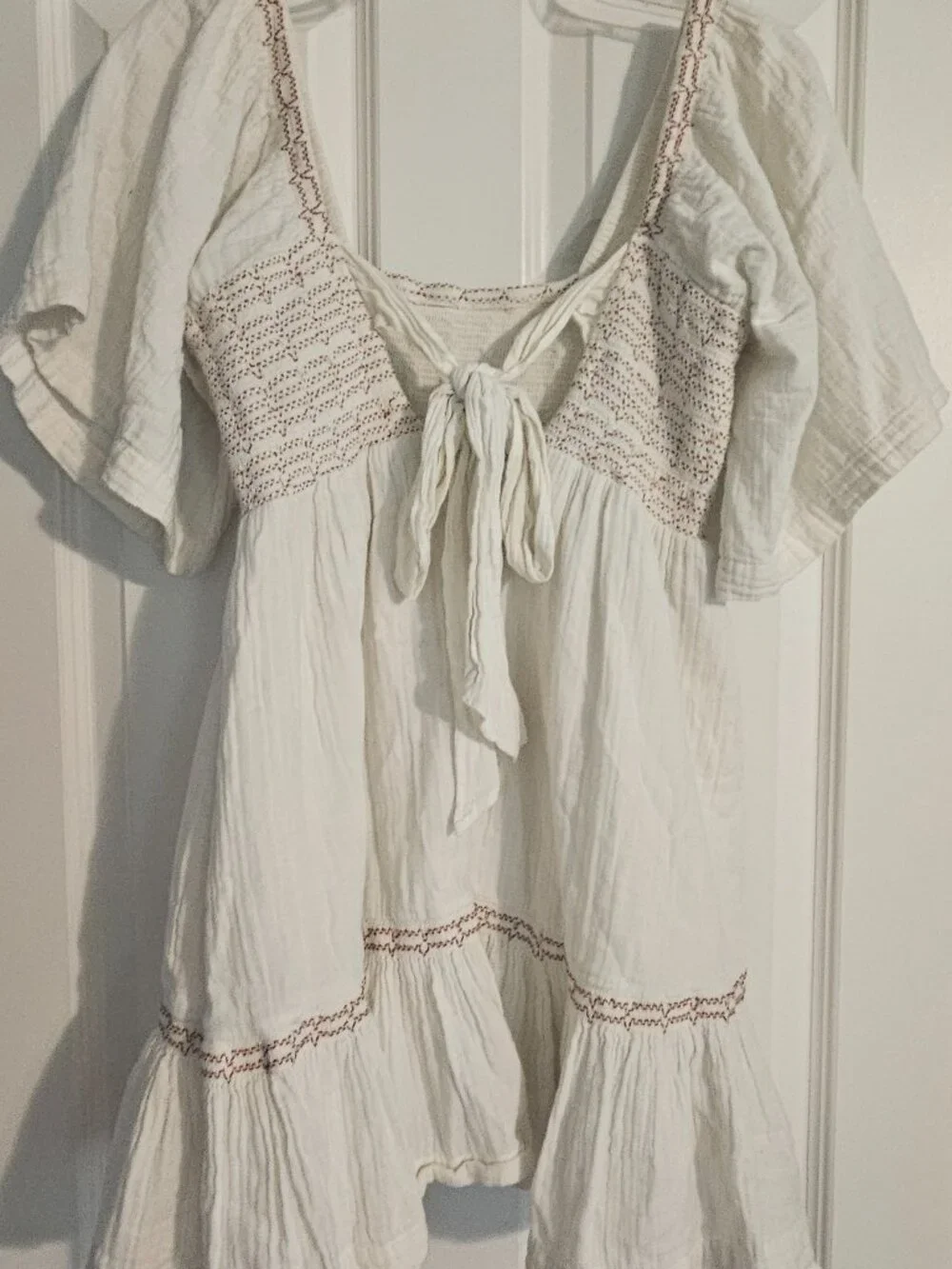 Free People Ivory Cotton Gauze Smocked Tie Back Mini Dress Size Small